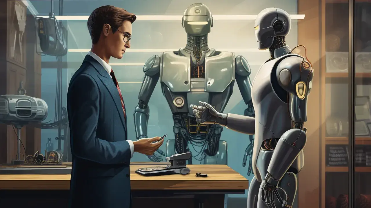 An AI-powered assistant engages with a customer in a modern shop, showcasing the seamless integration of artificial intelligence in personalized customer service.