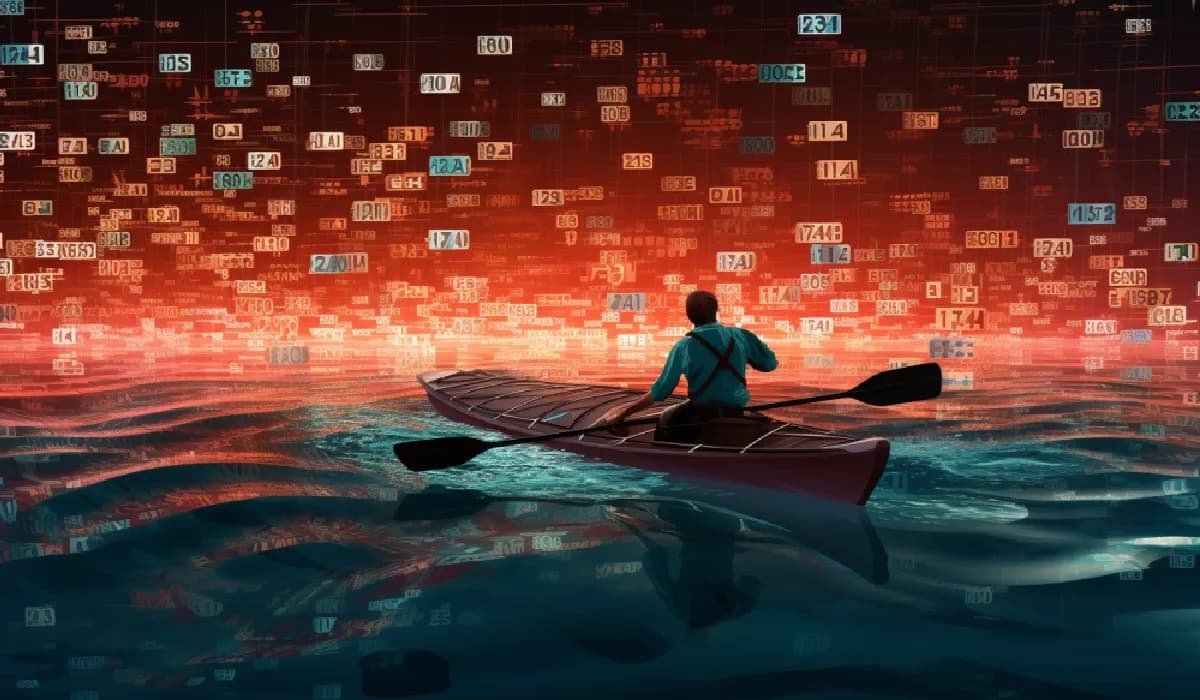 A man confidently paddling a kayak through a surreal cloud of algorithms, symbolizing the challenges and triumphs of navigating the international SEO landscape