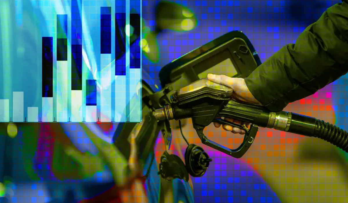 A person's hand confidently pumps gas against a backdrop of market graphics, symbolizing the effective branding strategies propelling success in the oil and gas sector