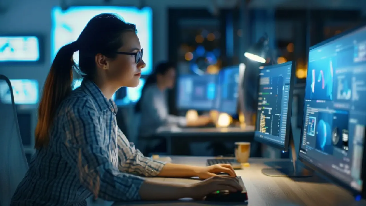 A woman sitting at her desk, focused on her computer screen, working on SEO strategies to navigate link-equity dynamics