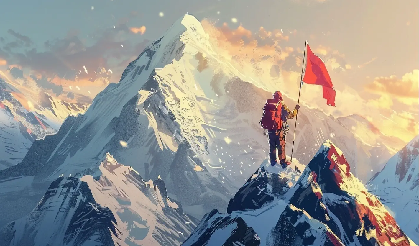 A man proudly holds a flag aloft at the peak of a snow-capped mountain, symbolizing industry leadership in content marketing