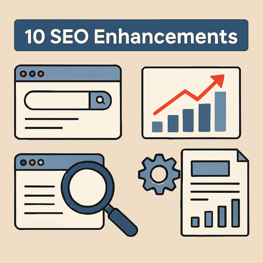 Illustration representing SEO strategy enhancements, featuring icons for search, content, analytics, and growth