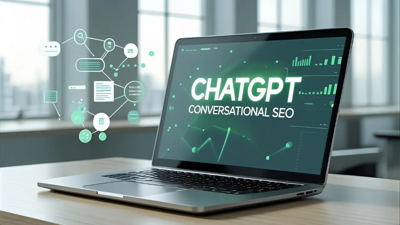Laptop displaying ChatGPT logo and the phrase Conversational SEO on screen, with digital SEO icons in a modern corporate office setting
