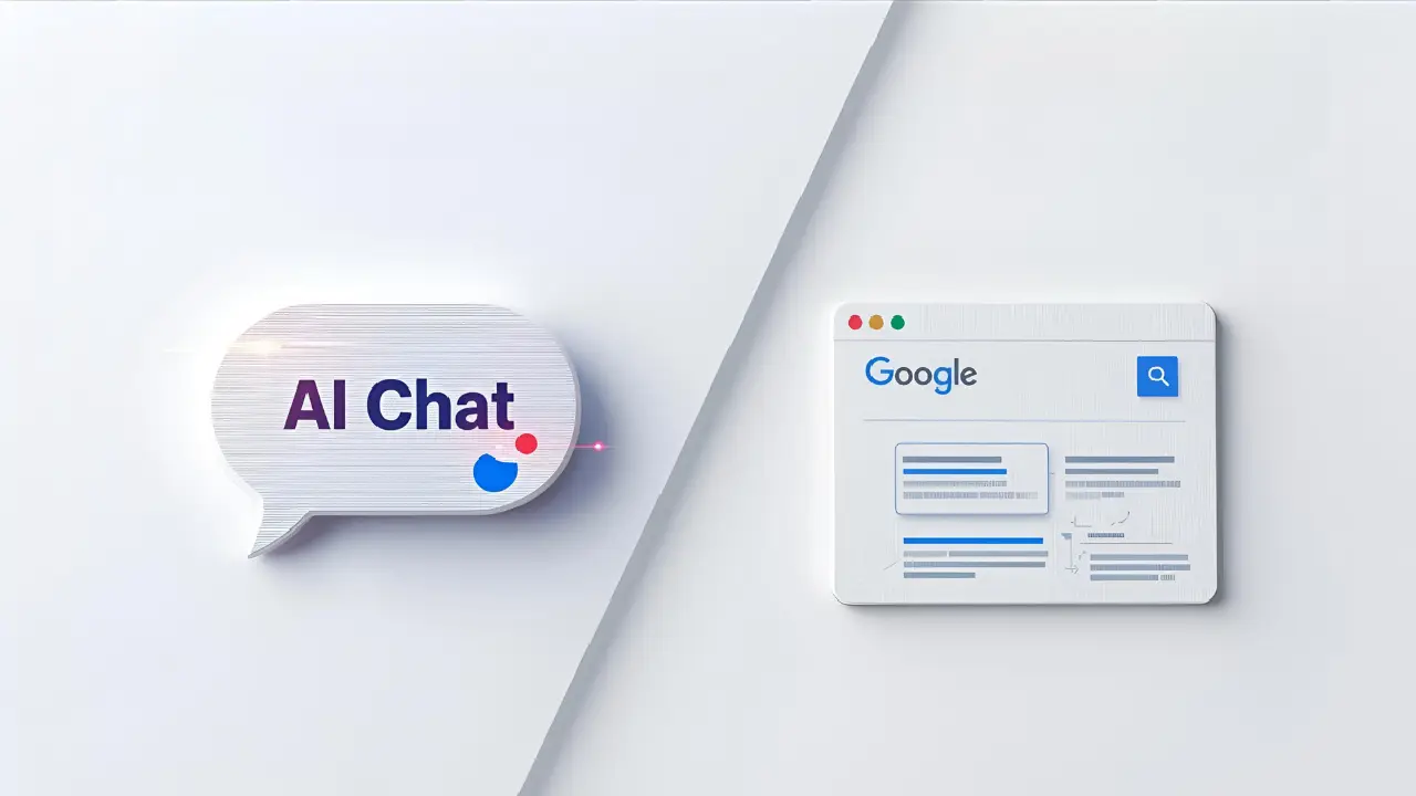 Symbolic comparison of AI chat versus Google search, showing a chat bubble labeled 'AI Chat' and a search engine page labeled 'Google Search' on a clean, modern background