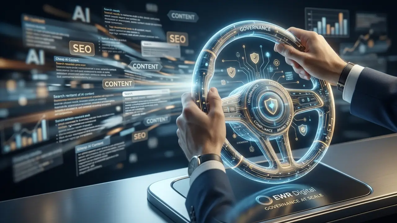 A professional in a suit holding a glowing digital steering wheel representing AI governance, navigating through a sea of chaotic content data blocks and SEO metrics to ensure brand safety.
