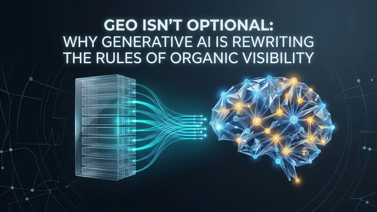 High-end minimalist graphic of a glowing digital brain connected to data nodes on a navy blue background, representing Generative Engine Optimization and AI search visibility.