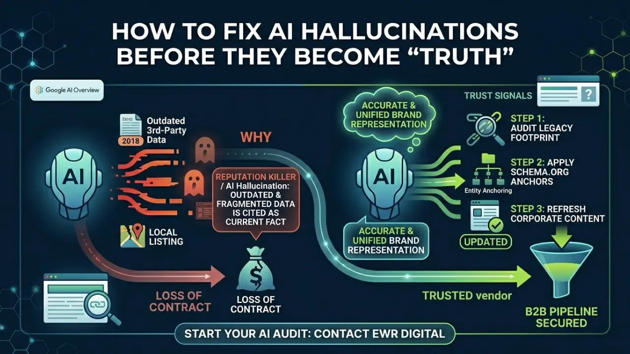 Diagnostic hero graphic titled How to Fix AI Hallucinations Before They Become Truth, showing how fixing legacy digital footprints secures B2B conversion pipelines.
