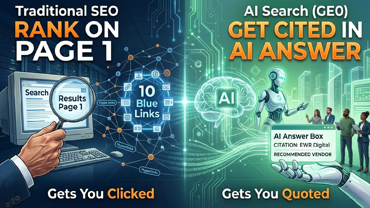 Split screen comparison infographic between traditional SEO ranking on a search results page and AI search GEO optimization getting cited in an AI answer box.