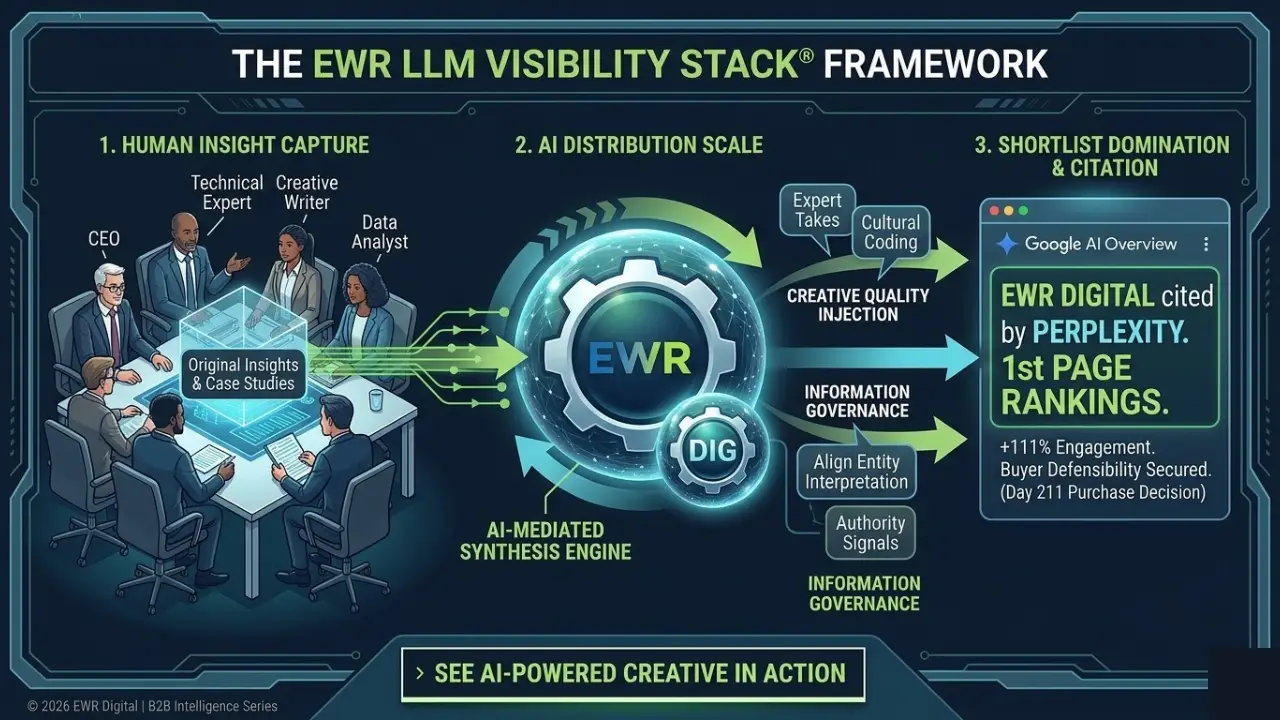 The Copycat Trap infographic comparing a repetitive, low-trust generic AI loop with EWR Digital’s high-engagement framework utilizing expert insights and pop-culture references.
