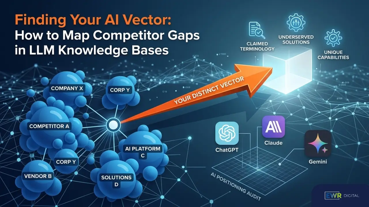 AI Positioning Audit diagram showing a vector path breaking away from a competitor cluster toward unclaimed market whitespace across ChatGPT, Claude, and Gemini.