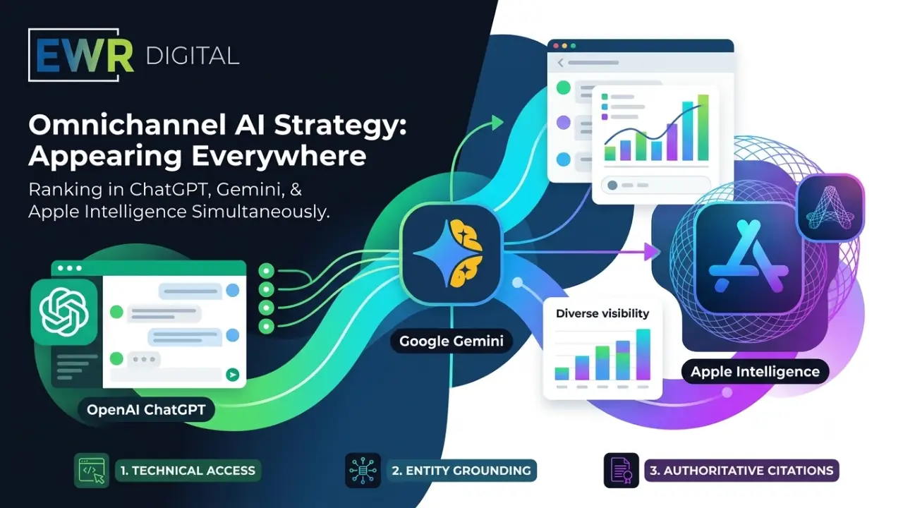 EWR Digital hero banner illustrating an omnichannel AI strategy connecting ChatGPT, Google Gemini, and Apple Intelligence retrieval engines.