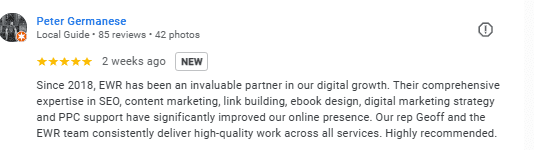 Google review from Peter Germanese praising EWR for SEO, content marketing, link building, ebook design, digital strategy, and PPC support since 2018