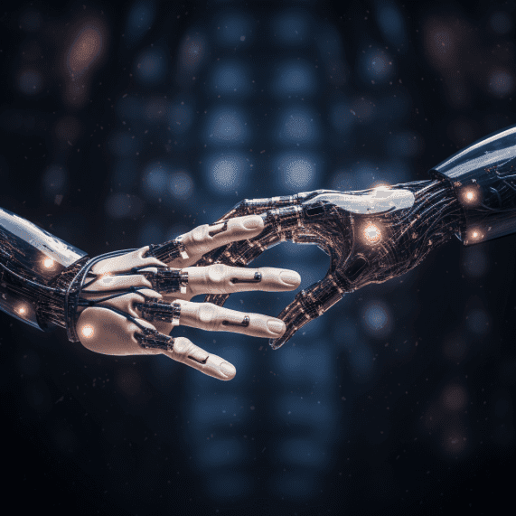 Two AI hands delicately touching, symbolizing human-like connection in the intimacy economy.