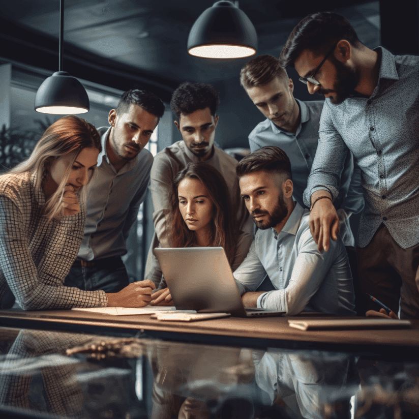 Sales and marketing professionals collaborating in an office in front of a computer