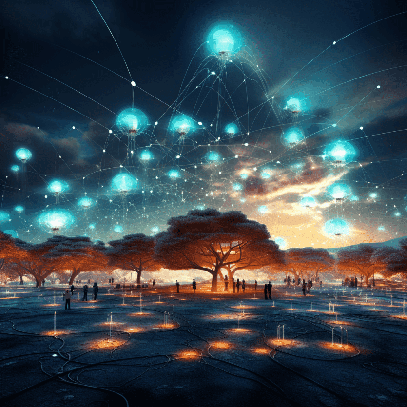 Image showing the evolution from attention algorithms to intimacy facilitated by AI in a futuristic digital landscape.