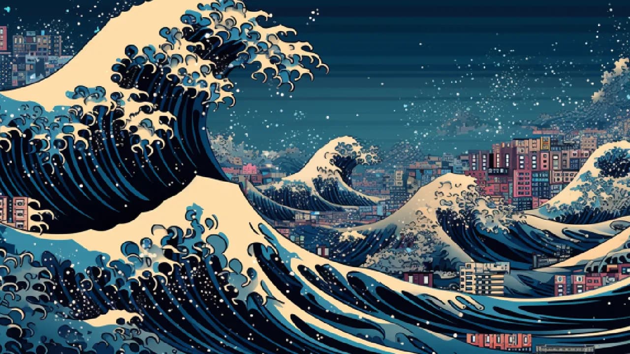 Image illustrating a powerful wave overtaking buildings, symbolizing AI's impact on marketing landscapes