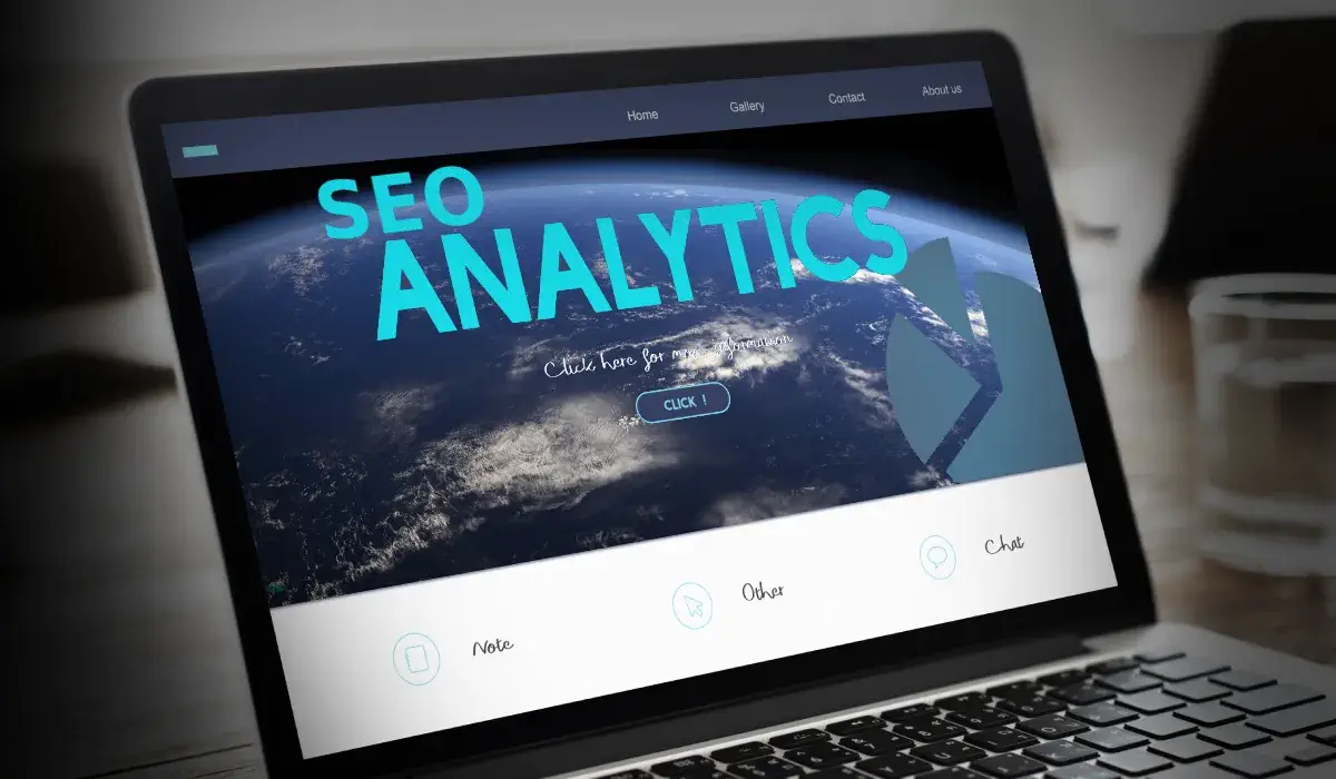 Image of a laptop screen displaying 'SEO Analytics,' representing insights into measuring and analyzing SEO performance across diverse regions in an international context.