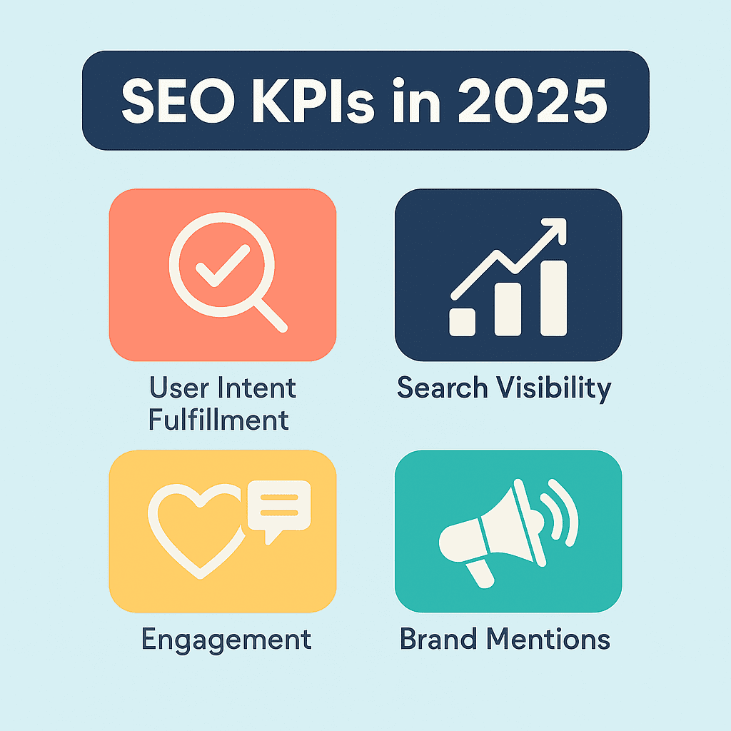 Infographic illustrating four essential SEO KPIs for 2025: user intent fulfillment, search visibility, engagement, and brand mentions