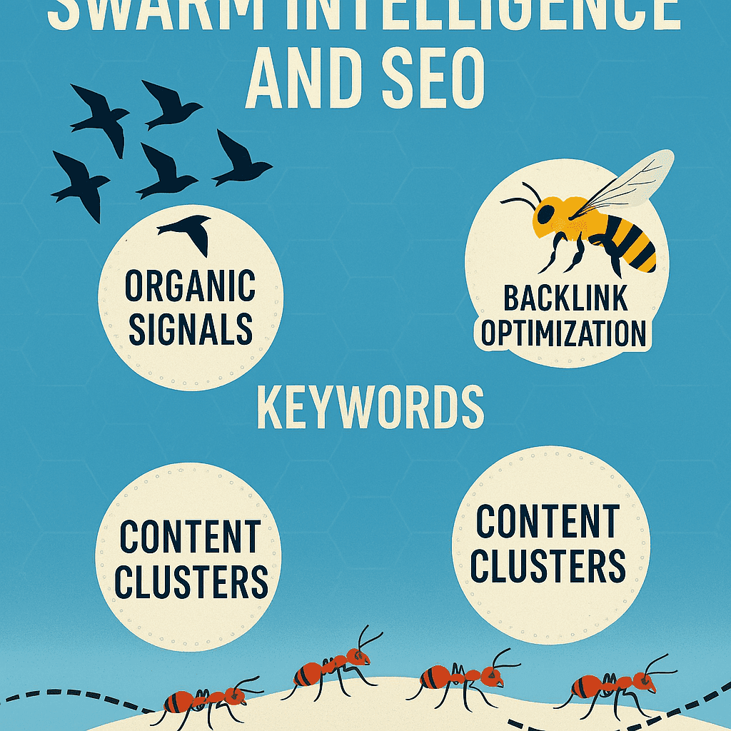 Illustration showing birds, bees, and ants representing swarm intelligence applied to SEO concepts like backlinks, organic signals, and content clusters