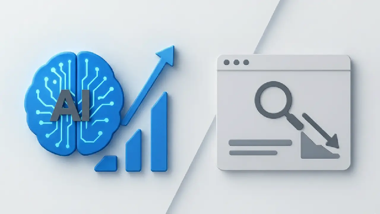 "Minimalist 3D split-screen showing AI brain with rising graph versus SEO browser window with declining graph