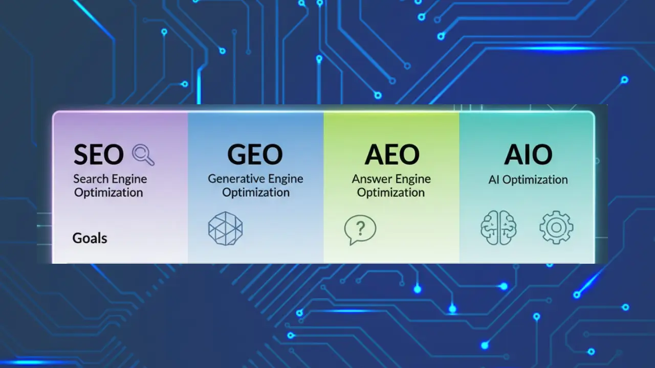 Infographic comparing SEO, GEO, AEO, and AIO in a four-column matrix layout.