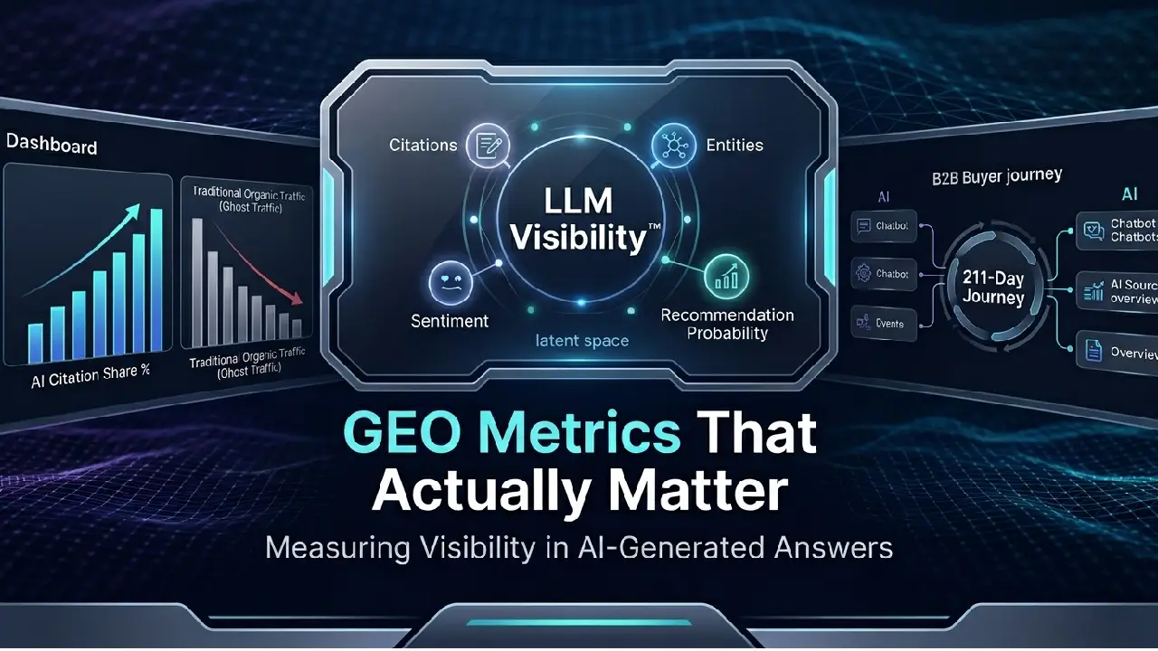 Infographic illustrating modern GEO metrics for AI visibility, comparing AI citation share to declining traditional organic traffic and detailing the LLM Visibility framework.