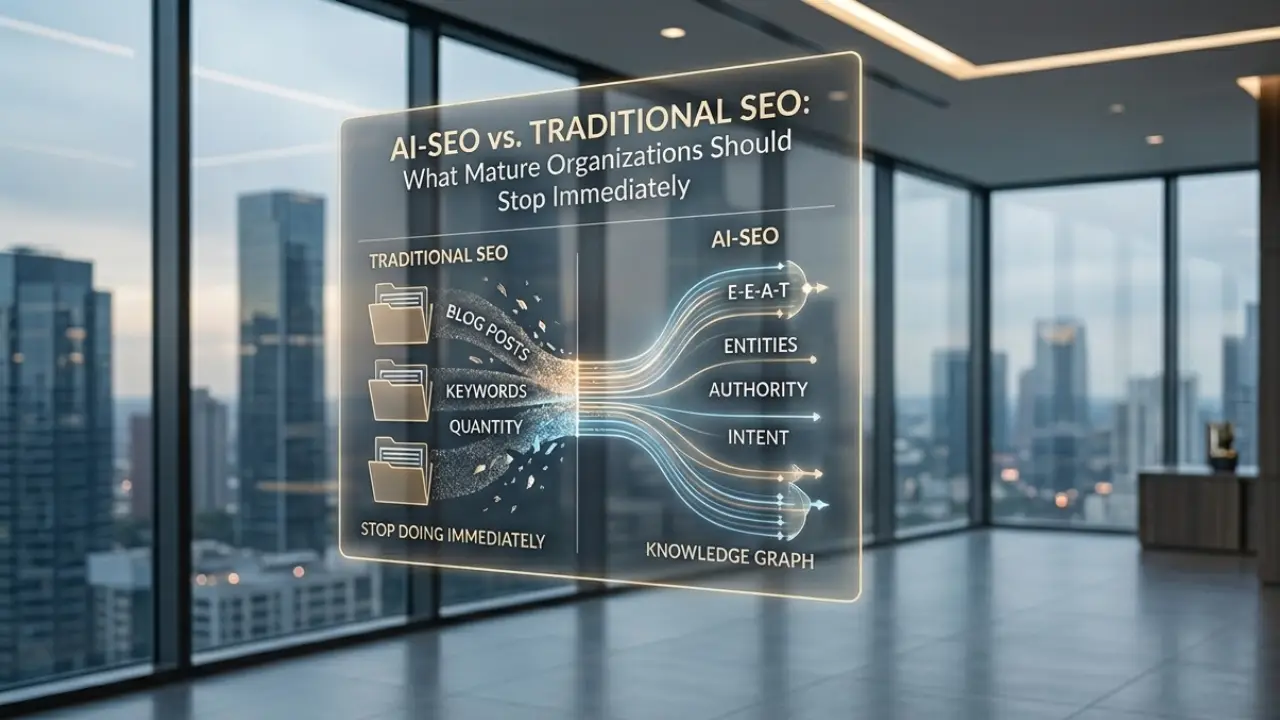 A minimalist, high-end digital interface displaying a comparative analysis of AI-SEO vs. Traditional SEO concepts—highlighting E-E-A-T, Entities, and Knowledge Graphs—set against a blurred modern corporate office background.