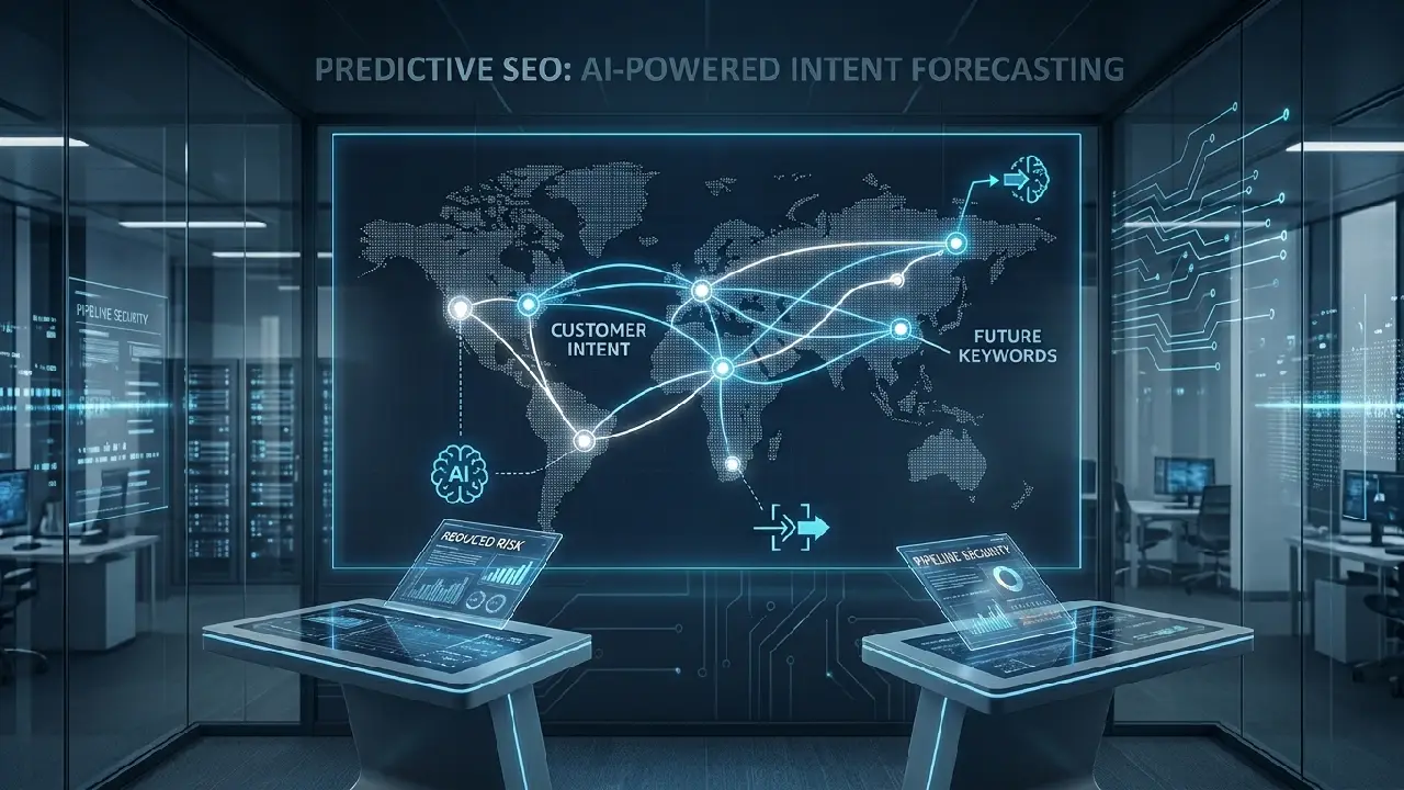 Futuristic AI data dashboard visualizing predictive SEO intent mapping and market risk reduction for enterprise marketing.