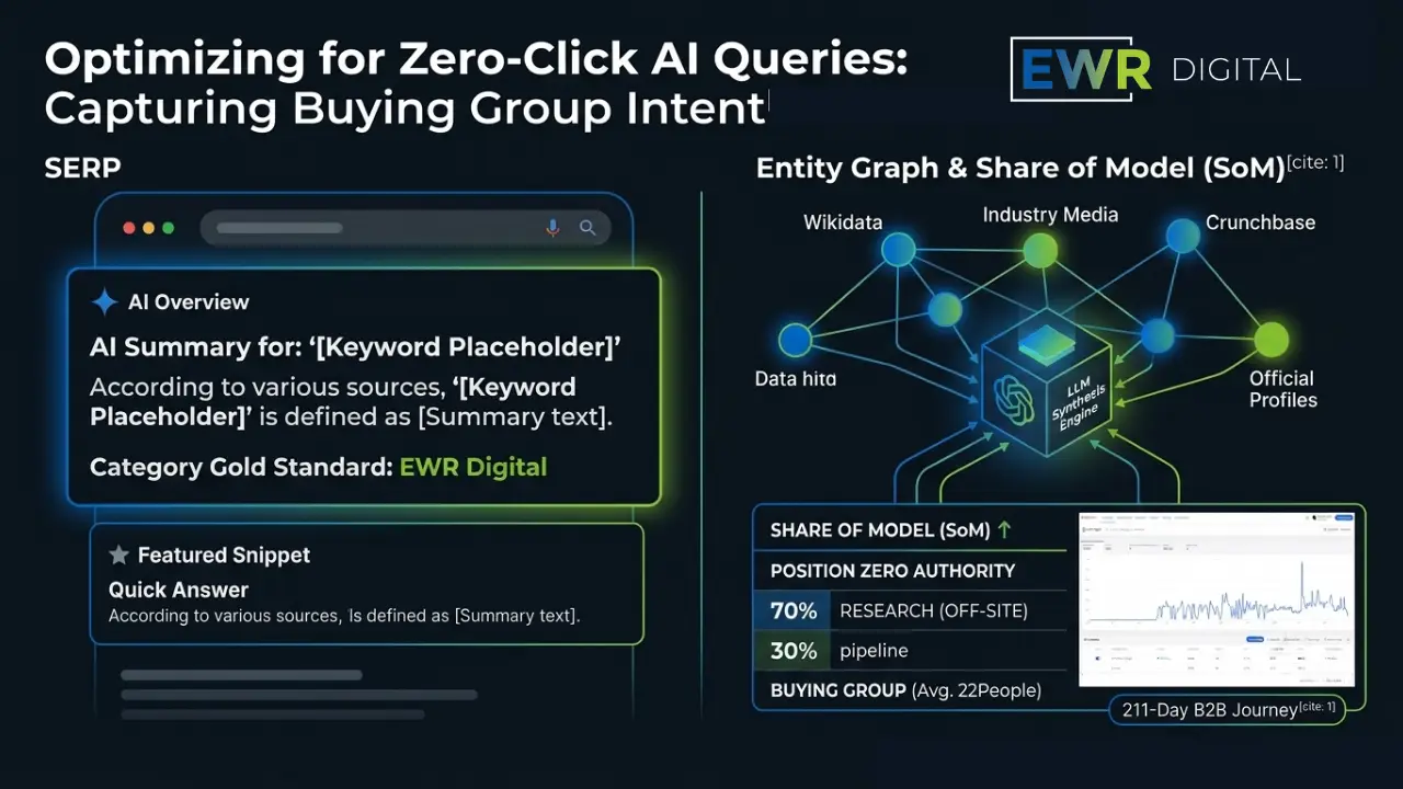Diagram of an AI search overview interface and entity graph mapping, illustrating zero-click query optimization, Position Zero authority, and Share of Model metrics for EWR Digital