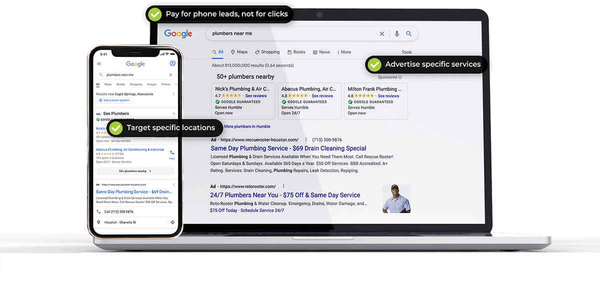 Google Guaranteed Results on a desktop and mobile device