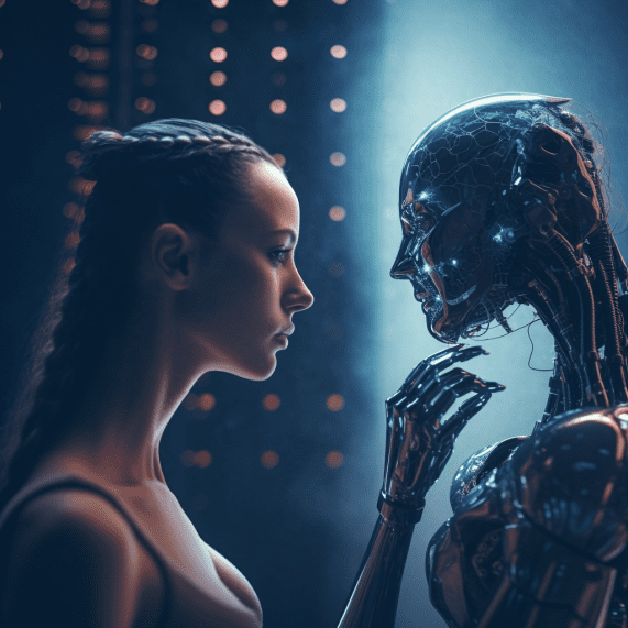 A woman leaning in to kiss an AI robot