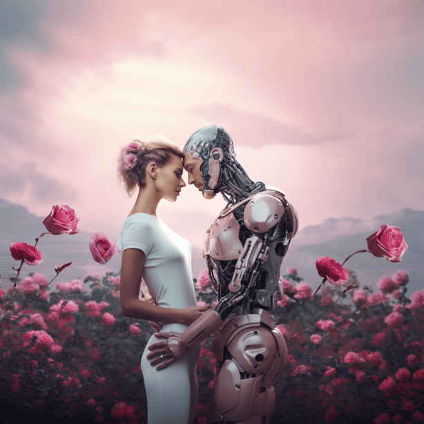 Image showing a woman embracing an AI entity, representing the symbiotic relationship between human and artificial intelligence, fostering intimate connections.