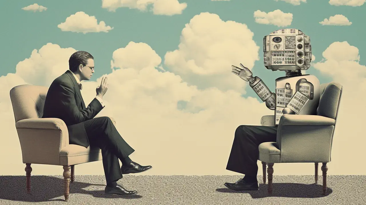 Image of a person conversing with a robot on a couch, showing the use of chatbots and AI in modern communication