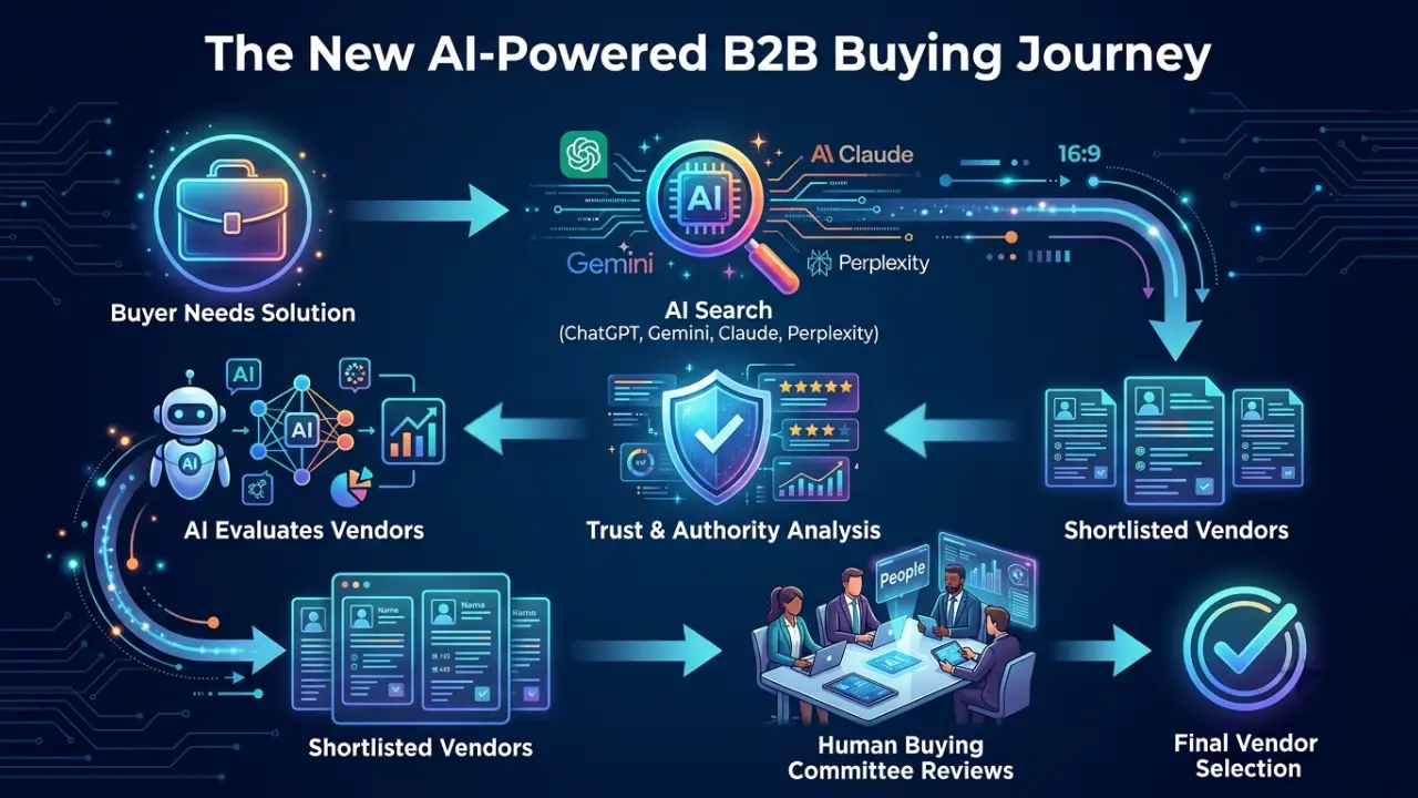 An infographic illustrating a multi-step, AI-powered B2B buying journey, from initial solution search to final vendor selection.
