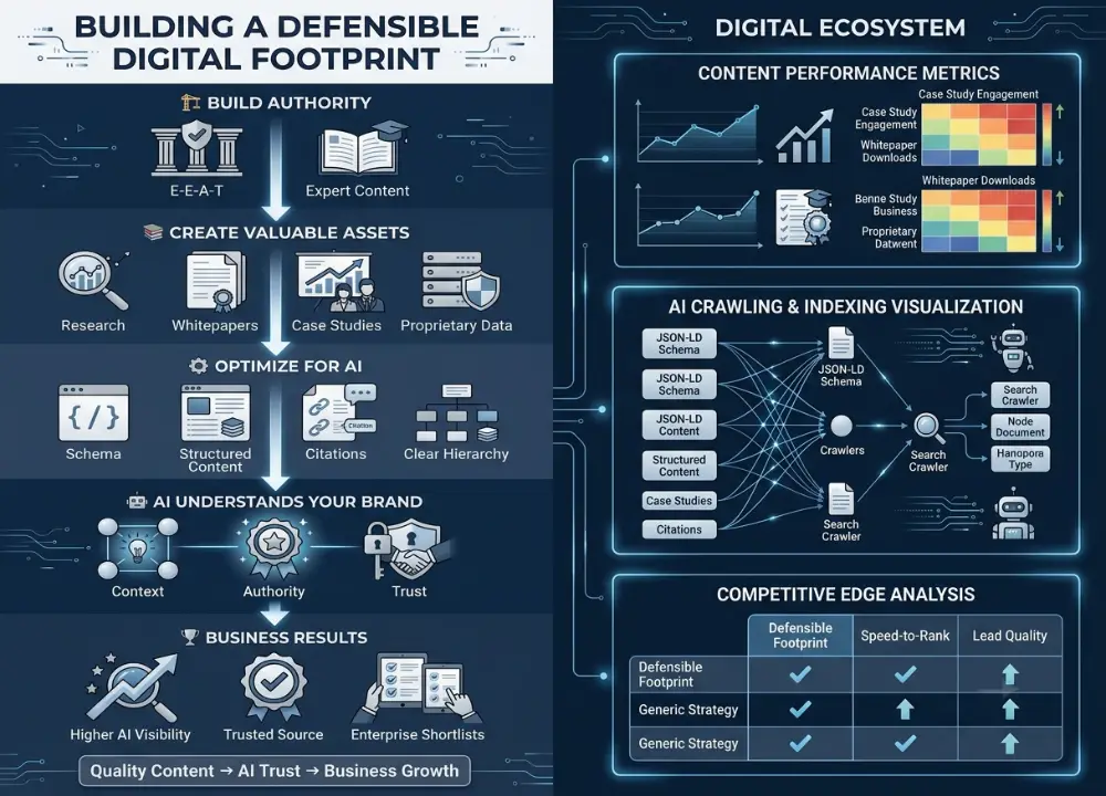 An enterprise infographic pairing a 5-step vertical strategy for building a defensible digital footprint with technical data dashboards illustrating an AI indexing ecosystem.