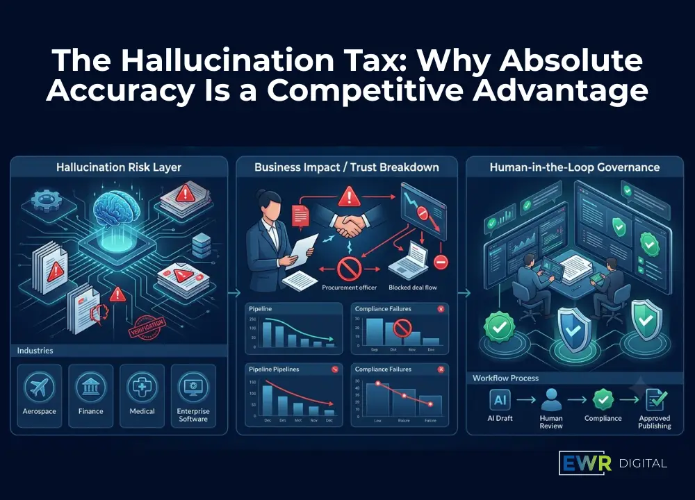 A detailed infographic titled "The Hallucination Tax: Why Absolute Accuracy Is a Competitive Advantage," comparing the negative impacts of AI errors in professional fields with the positive effects of human oversight. The infographic is divided into three sections with corresponding icons, charts, and illustrations.