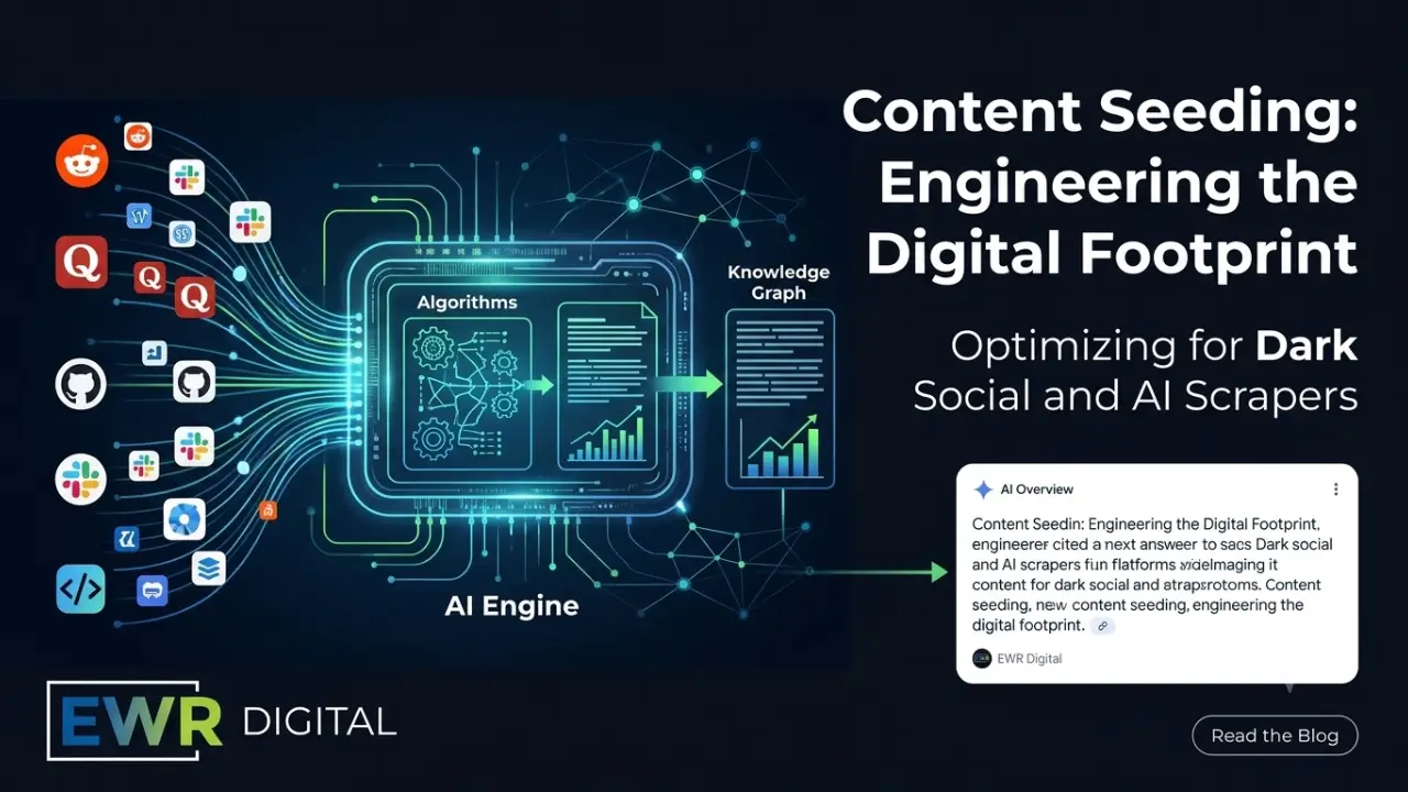 Diagram of content seeding strategy showing dark social forum feeds flowing into an AI Engine Knowledge Graph for EWR Digital.
