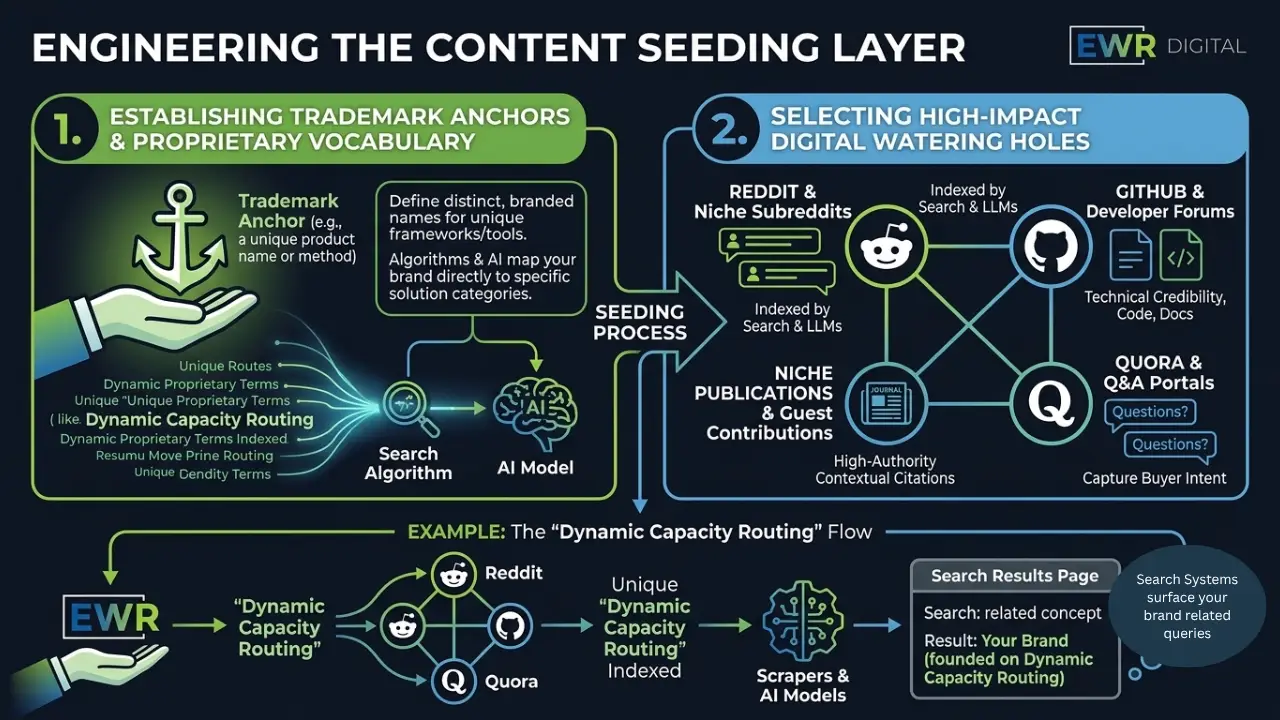 EWR Digital technical diagram illustrating how to engineer a content seeding layer using trademark anchors and digital watering holes like Reddit, Quora, and GitHub for search and LLM indexing.