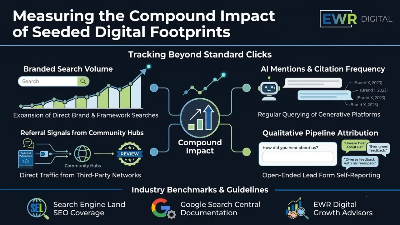 Infographic detailing the 4 key metrics for measuring content seeding impact across dark social and AI discovery for EWR Digital.