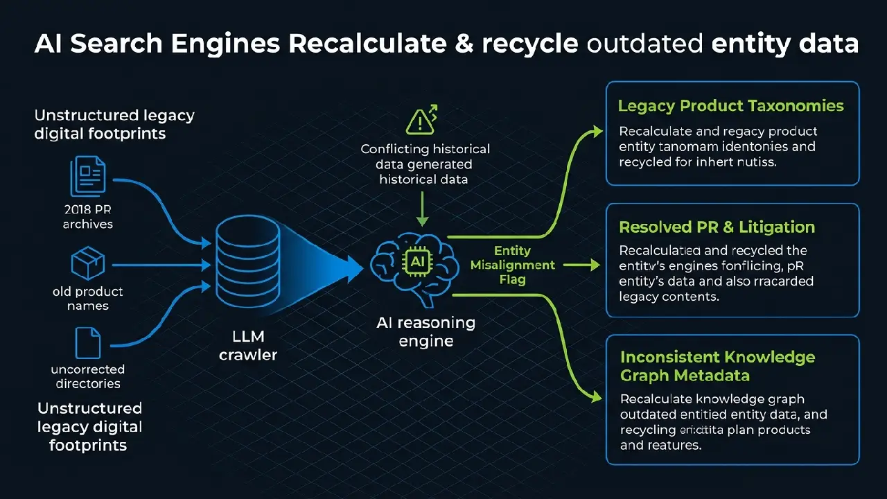 Diagram illustrating how generative AI search engines crawl legacy web pages and recycle outdated corporate entity data for EWR Digital