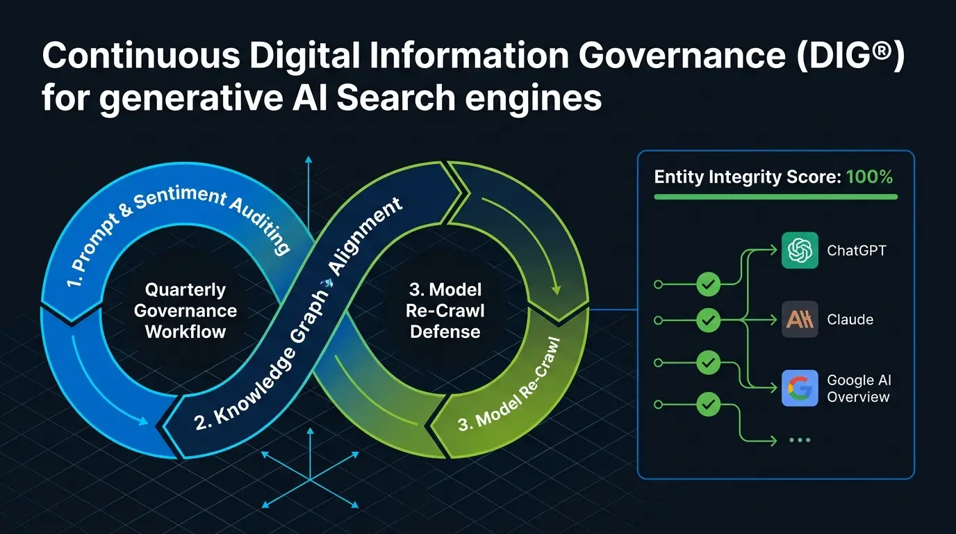 Diagram of Digital Information Governance DIG framework showing continuous quarterly AI trust auditing and entity graph alignment for EWR Digital