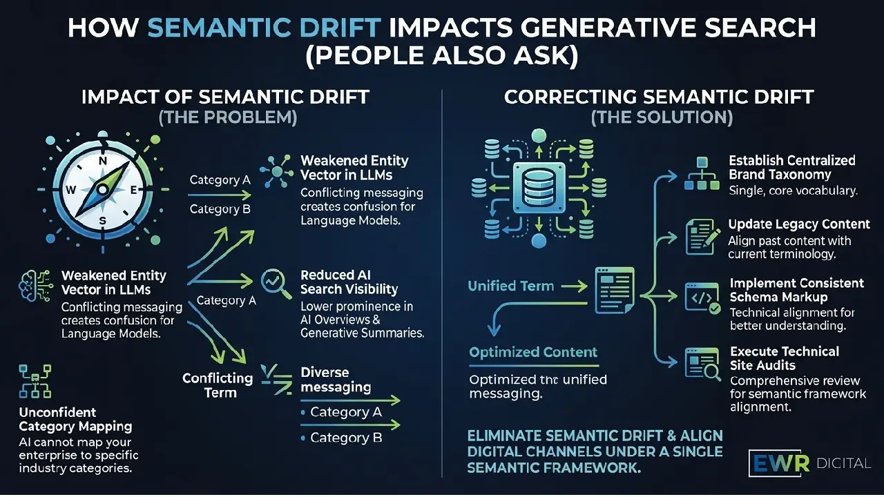 Infographic outlining how semantic drift impacts generative search and how to correct it. On the left side, under the problem section, diagrams show how conflicting messaging leads to a weakened entity vector in Large Language Models, unconfident category mapping, and reduced AI search visibility. On the right side, under the solution section, steps are outlined for correcting semantic drift, including establishing a centralized brand taxonomy, updating legacy content, implementing consistent schema markup, and executing technical site audits to achieve optimized content and unified brand messaging.