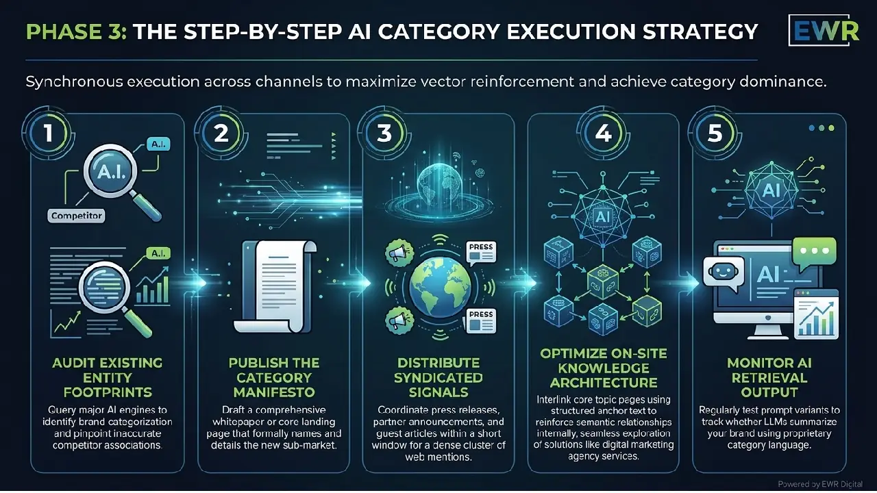 Infographic showing Phase 3 of the AI Category Execution Strategy by EWR Digital, featuring a 5-step roadmap covering entity auditing, category manifesto publishing, syndicated signal distribution, knowledge architecture optimization, and AI retrieval monitoring.
