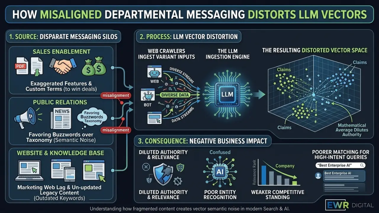 Alt Text: Diagram illustrating how unmanaged brand communications cause semantic drift and scattered vector embeddings in AI models, while strict messaging governance leads to a tight vector and precise AI representation in Position Zero featured snippets.