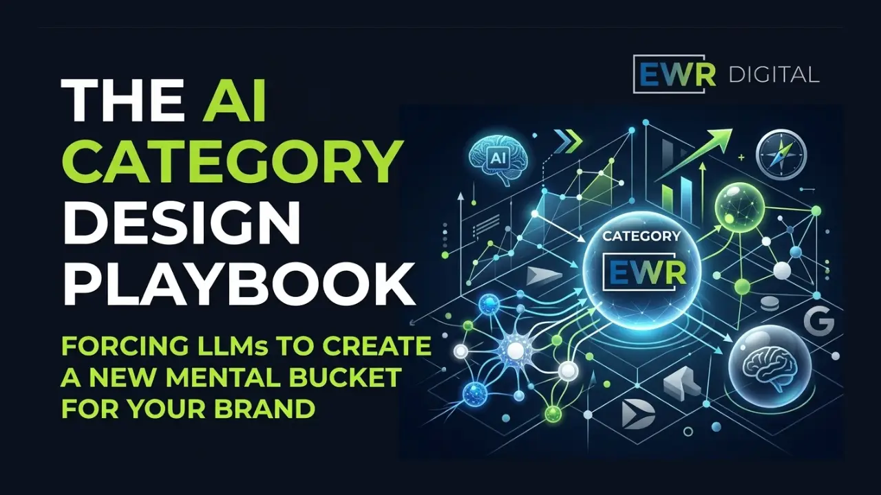 marketing graphic for EWR Digital titled "THE AI CATEGORY DESIGN PLAYBOOK," featuring a glowing data network illustration with a central "EWR CATEGORY" hub connected to an AI brain and a compass. The subtitle reads: "FORCING LLMS TO CREATE A NEW MENTAL BUCKMENT FOR YOUR BRAND."